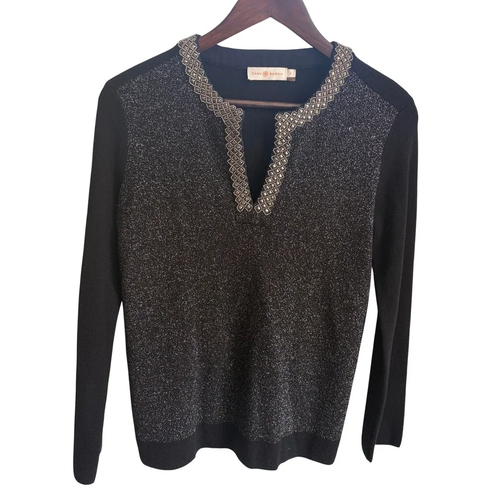 Tory Burch Merino Wool Split Neck Sweater Small Metallic Black Silver Shimmer